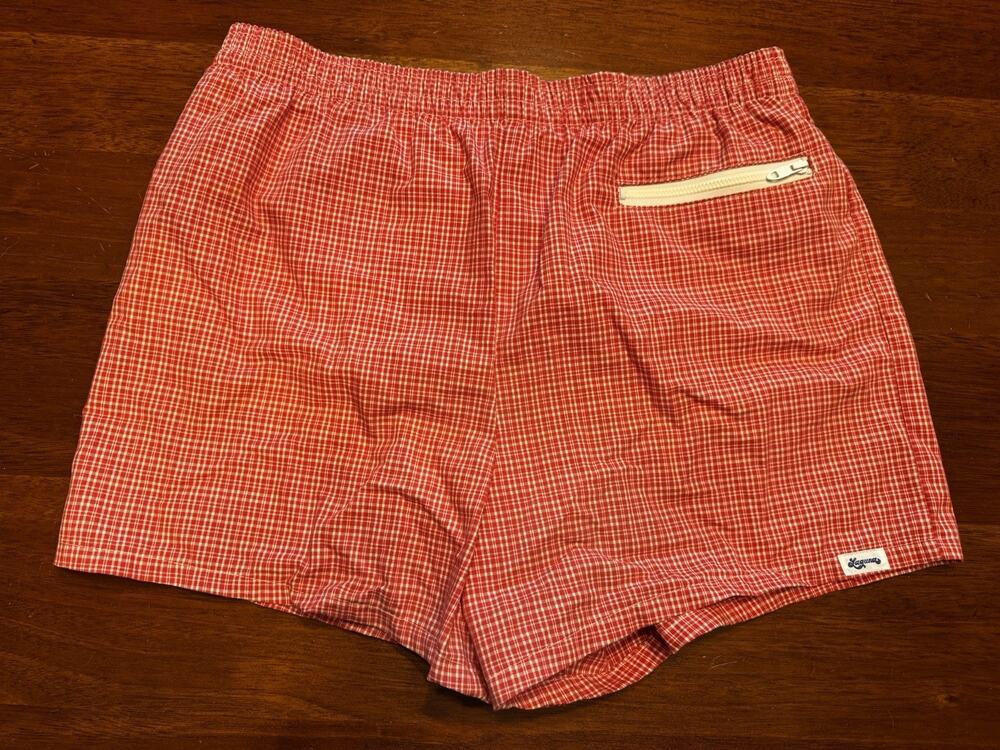 M Vintage Laguna Swim Trunks Red Gingham Check Made USA 80s Short Shorts